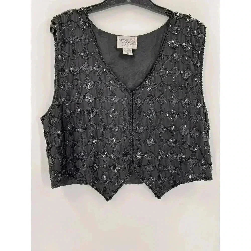 Vintage Cotton Zone Black Sequin Vest 100% Silk Size MEDIUM Snaz Up an Outfit